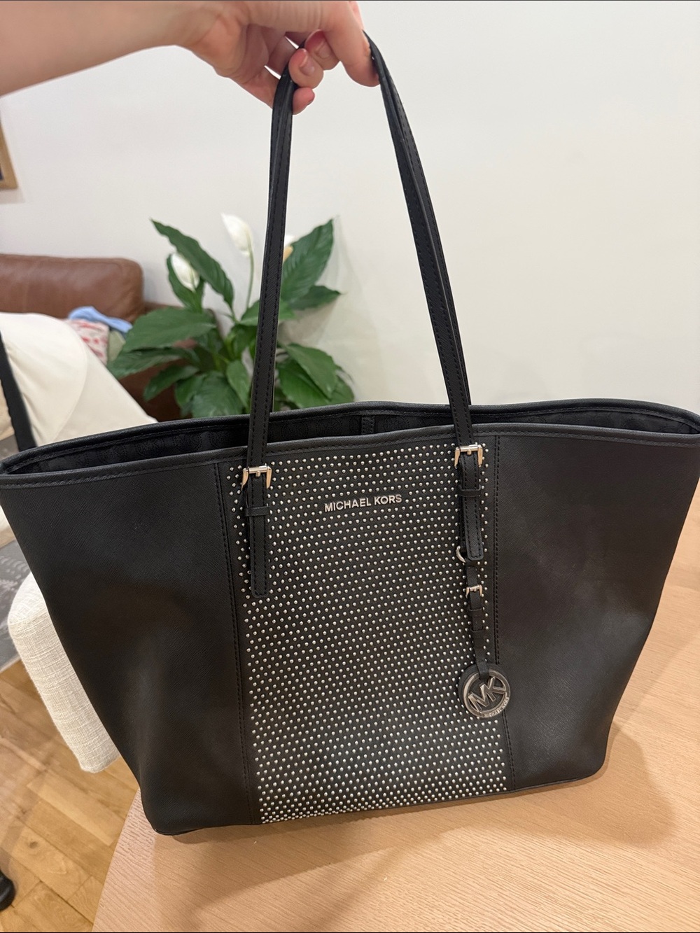 Michael Kors Black Studded Tote with Logo Charm